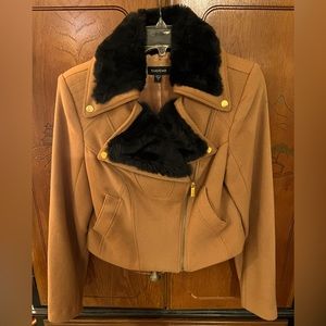 Vintage Bébé wool blend cropped military jacket, faux fur collar, EUC! size M